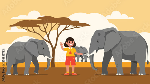 Girl Waving Hello To Majestic Elephants At Wildlife Safari Encounter On Sunny Day