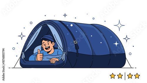 Happy Camper Gives Thumbs Up Inside Tent At Night Stars Illustration