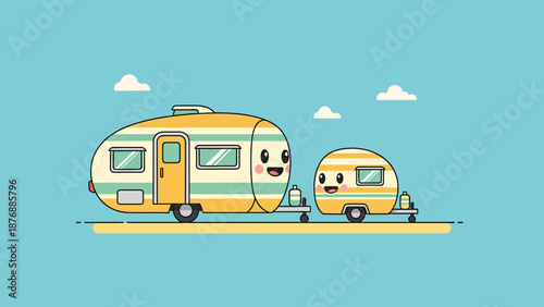 Happy Camper Family On Road Trip Illustration In Cartoon Style