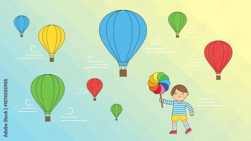 Naklejka premium Happy Cartoon Boy Holding Rainbow Lollipop With Colorful Hot Air Balloons