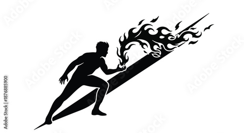 Dynamic silhouette of a runner igniting a flame with intense energy and motion.