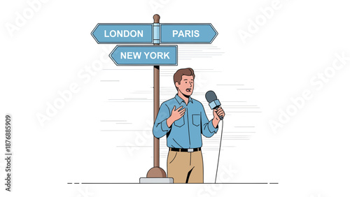 Global News Anchor Reporting Live From Crossroads Signpost With City Destinations