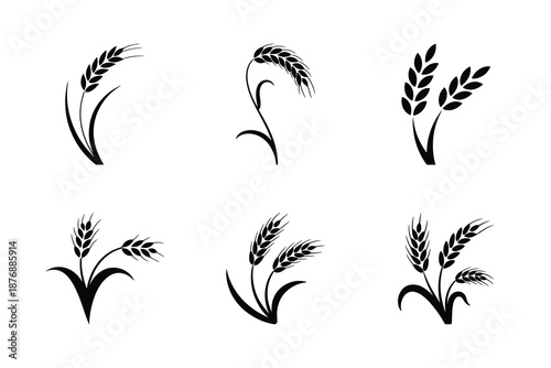 Minimal wheat grain icon set, Black cereal plant silhouette vector illustration