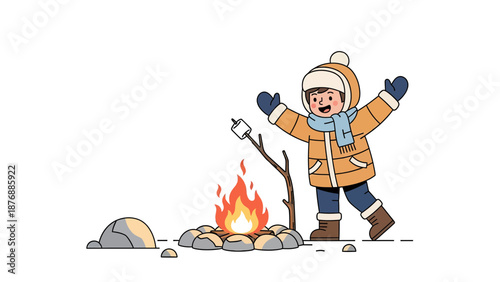 Happy Child Enjoys a Bonfire Outdoors in Winter Vacation Activities Illustration