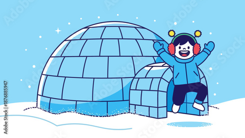Happy Child Playing Near Igloo On Snowy Winter Landscape Illustration