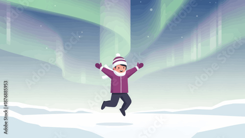 Happy Child Jumps Under Boreal Display In Frozen Landscape Illustration