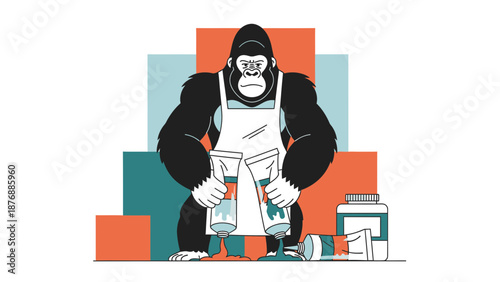 Gorilla Artist Holding Paint Tubes Wearing Apron In Cartoon Style
