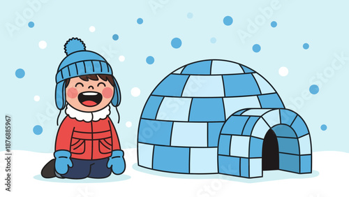 Happy Child Playing Outside Igloo In Winter Scene On Snowy Day