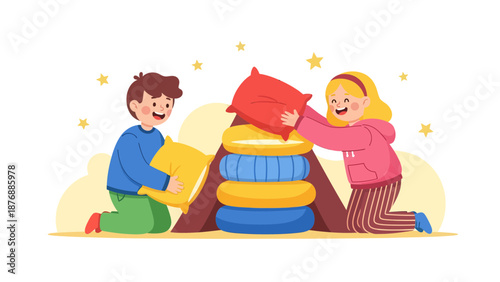 Happy Children Building Pillow Fort Indoors Enjoying Playtime Fun Activity