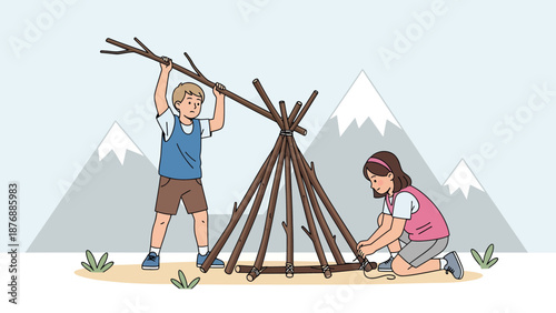 Happy Children Building Campfire From Woods Having Fun In Nature Landscape