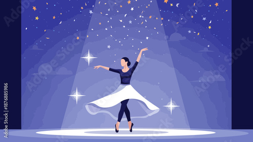 Graceful Ballerina Dancing Under Starry Lights On Stage Illustration