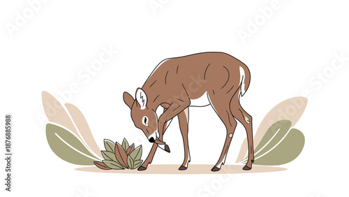 Graceful Deer Eating Foliage In A Minimalistic And Aesthetic Style Illustration