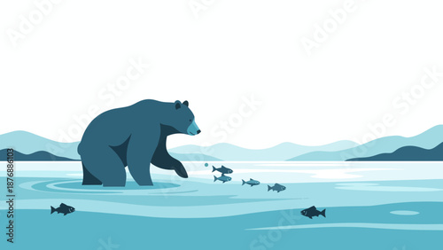 Grizzly Bear Foraging For Salmon In The Cold River With Minimalist Mountain View