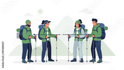 Group Adventure Friends On Mountain Trail Trekking With Backpacks Together