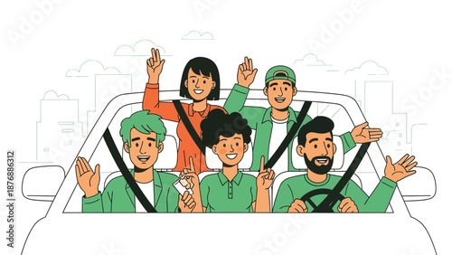 Group Of Friends Taking Road Trip Together In Car With City Skyline Background