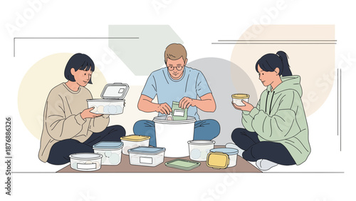 Group Of Friends Preparing Food Storage Containers For Sustainable Lifestyle