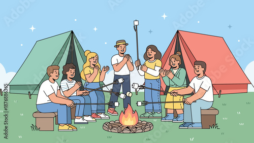 Happy Friends Enjoying Camping Time Together Roasting Marshmallows Around Bonfire At Summer Vacation