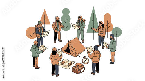 Group Of Hikers Planning Their Route With Maps In The Wilderness