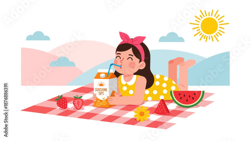 Happy Girl Enjoying Summer Picnic With Refreshing Drink And Fresh Fruits