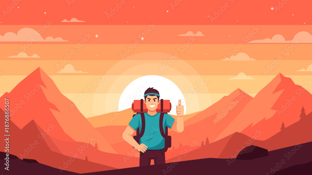 Fototapeta premium Happy Hiker Reaching Mountain Peak At Sunset Success Adventure Concept