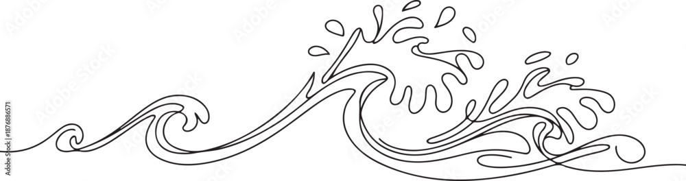Obraz premium Continuous one line drawing water splashes wave twirl isolated surge blue sparks breaker. Wave curly shapes icon. one line Icon drawing