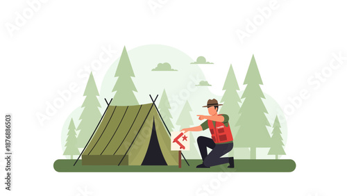 Guide Directing Towards Camp Outdoors Amidst Nature's Splendor With Tent Setup