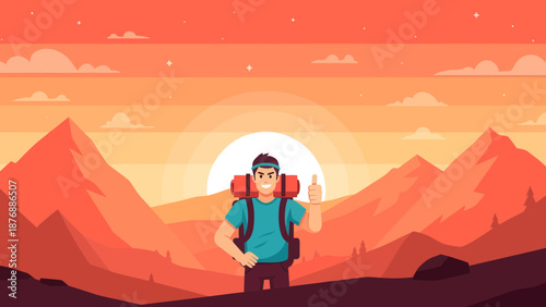 Happy Hiker Reaching Mountain Peak At Sunset Success Adventure Concept
