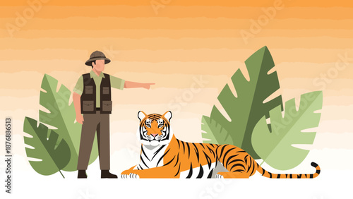 Guide Pointing Towards Lying Tiger in Natural Setting Wildlife Encounter Adventure