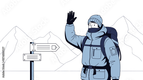 Happy Hiker Waving Goodbye On A Mountain Adventure With Signpost Illustration