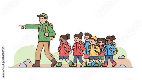 Guided Nature Walk For Children Exploring Outdoors Together Illustration