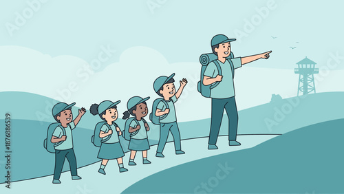 Guided Exploration Group Of Kids Hiking With A Guide Outdoors Adventure Journey