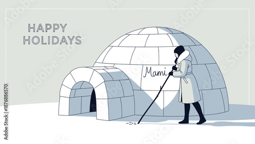Happy Holidays With Woman Building Igloo Home During The Christmas Season