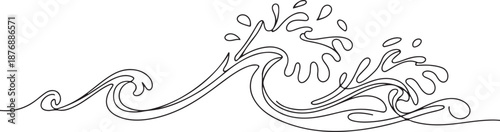 Continuous one line drawing water splashes wave twirl isolated surge blue sparks breaker. Wave curly shapes icon. one line Icon drawing