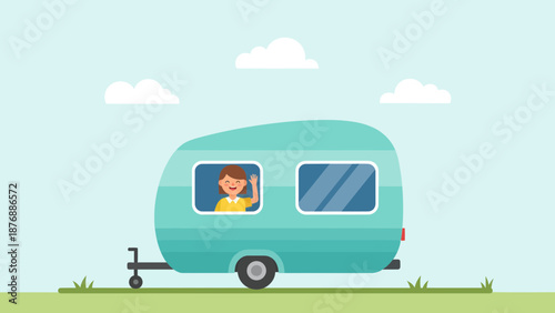 Happy Journey Illustrated Scene Of Retro Style Camper With Waving Girl