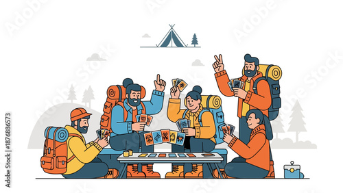 Happy Hikers Gathered Around A Table Playing Cards Outdoor Adventure Concept