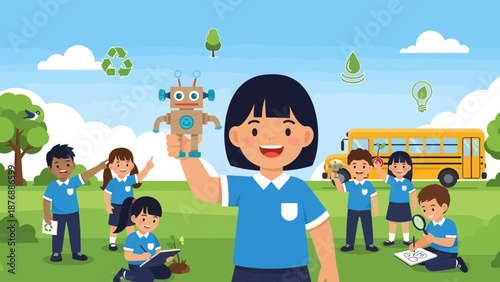 Happy Kids Learning About Environment, Recycling, and Sustainable Energy Sources
