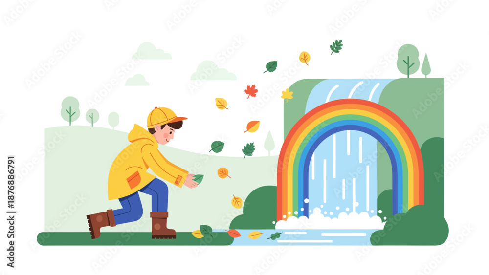 Naklejka premium Happy Autumn: Boy Playing With Fallen Leaves Next To A Rainbow Waterfall