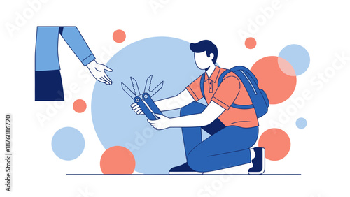 Handing A Multi Tool To Hiker With Backpack Ready For Repair Tasks