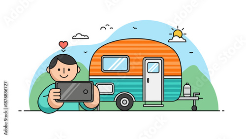 Happy Man Takes A Photo Of His Caravan With A Mobile Phone In Nature