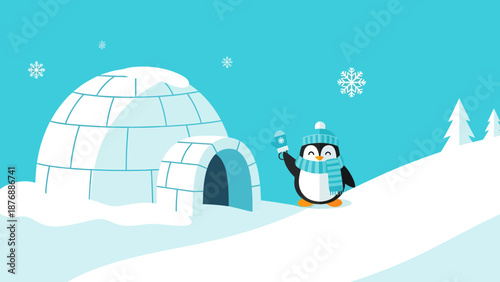 Happy Penguin Welcoming Winter Next To An Igloo In A Snowy Landscape