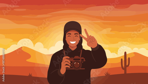 Happy Photographer Makes Peace Sign In Front of Desert Landscape At Sunset