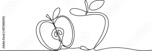 One continuous line drawing sliced and whole healthy apples organic for orchard logo. Fresh tropical fruitage concept for fruit garden icon. one line Icon drawing