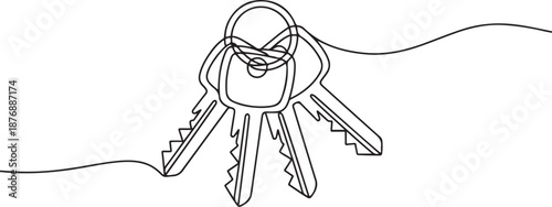 Single continuous line drawing three keys from apartment. House apartment rental for sale. The concept of privacy, security and protection. one line Icon drawing