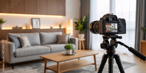 Modern living room interior with a camera on tripod and a minimalist gray sofa