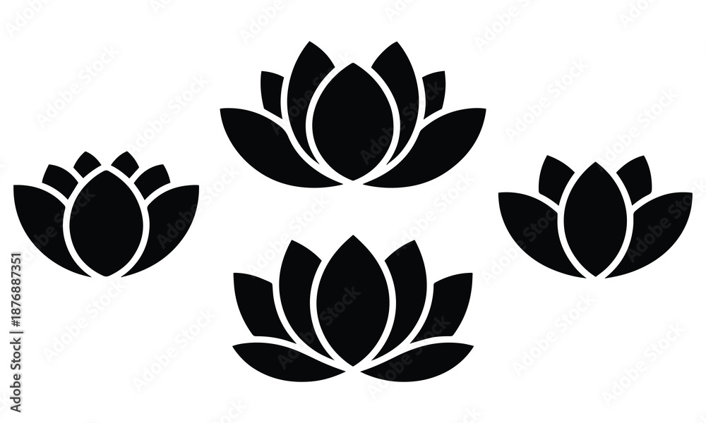 Fototapeta premium set of black lotus flower silhouettes on white background