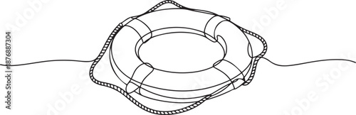 Single continuous line drawing lifebuoys, rescue belts, inflatable rubber ring with rope for help and safety of life drowning. Rescue ring for quick help. one line Icon drawing