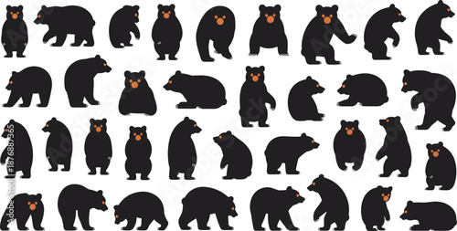 Black bear silhouettes set, different bear poses collection, wild animal icons, woodland wildlife design, isolated flat vector.