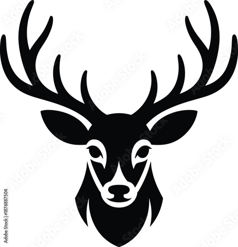 Deer head silhouette logo, stag antlers wildlife emblem vector illustration, hunting and nature symbol isolated on white background