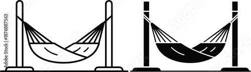 Hammock icon set, hanging bed silhouette, outdoor camping relaxation symbol, garden backyard furniture, summer rest concept, vector illustration