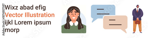 Business communication, teamwork, consultation, messaging, education, and collaboration. A smiling woman, speech bubbles and a professional. Business communication and teamwork concept